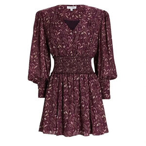 652 Intermix Lana Printed Smocked Mini Dress Size 0 Color maroon